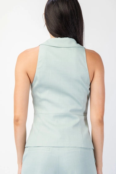 Sleeveless Woven Collared Top Set Sage Green