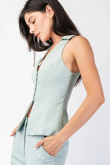 Sleeveless Woven Collared Top Set Sage Green