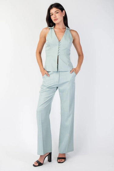 Sleeveless Woven Collared Top Set Sage Green