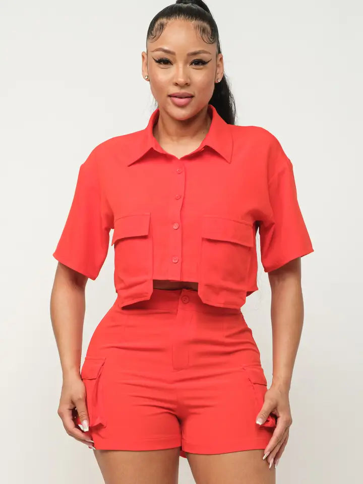 Front Button Down Side Pockets Top and Shorts Set