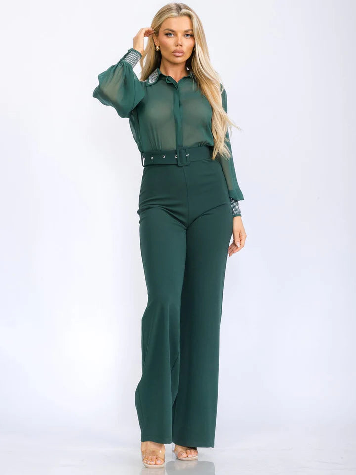 WOMEN'S LONG SLEEVE BUTTON UP MESH STUDS DETAILED BELTED WIDE LEG JUMPSUIT