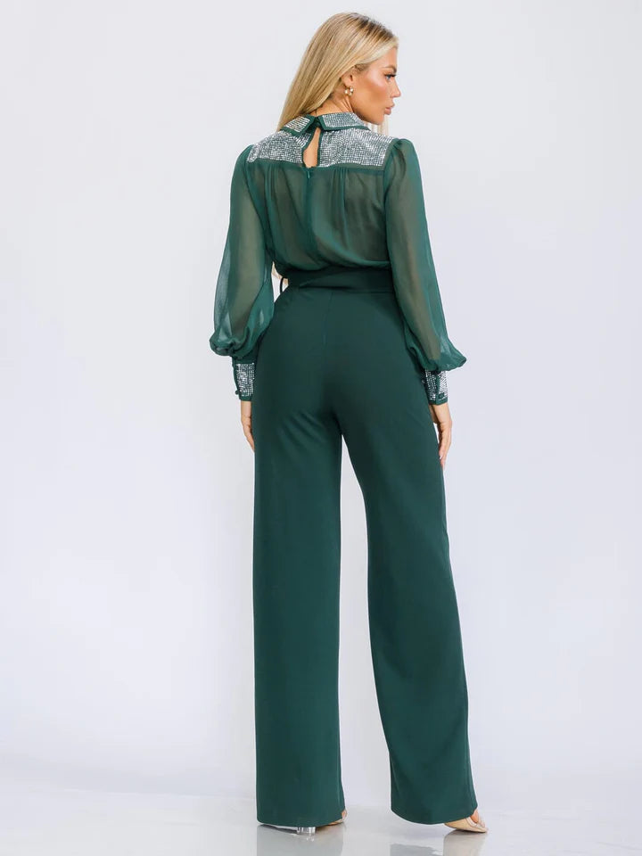 WOMEN'S LONG SLEEVE BUTTON UP MESH STUDS DETAILED BELTED WIDE LEG JUMPSUIT