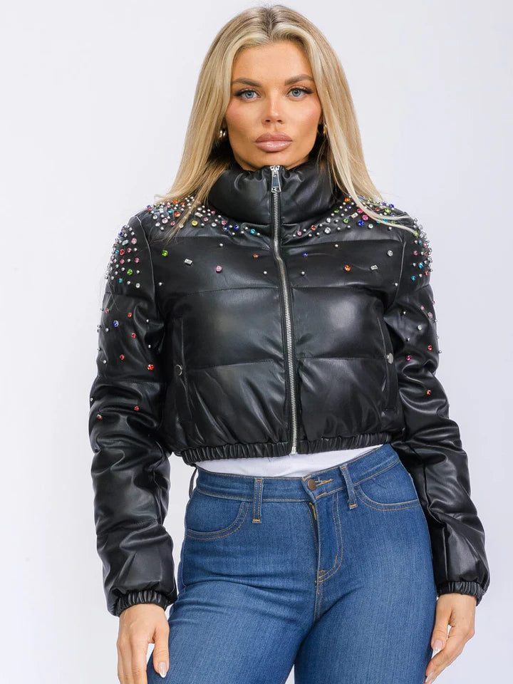 WOMEN'S LONG SLEEVE ZIP UP FRONT POCKETS STUDS DETAILED PU PLEATHER JACKET