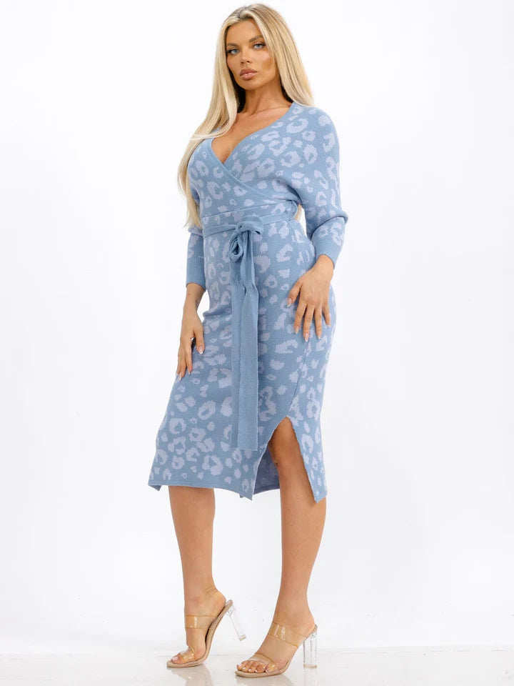 WOMEN'S LONG SLEEVES SURPLICE SELF TIE SLIT ANIMAL PRINT MIDI DRESS