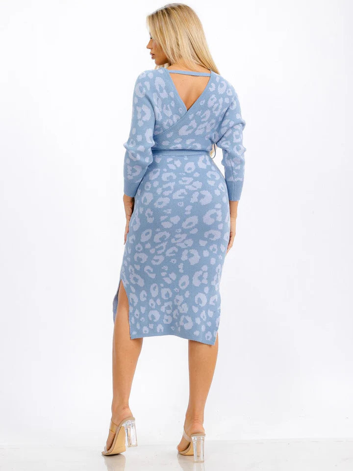 WOMEN'S LONG SLEEVES SURPLICE SELF TIE SLIT ANIMAL PRINT MIDI DRESS