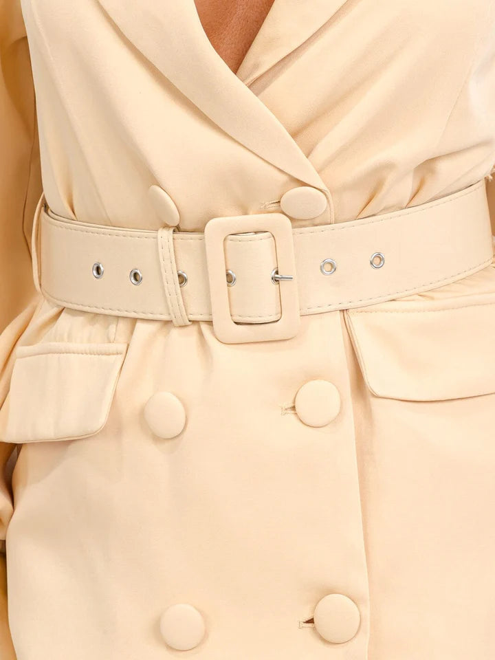 WOMEN'S LONG SLEEVES BUTTON UP BELTED MINI DRESS (Cream)