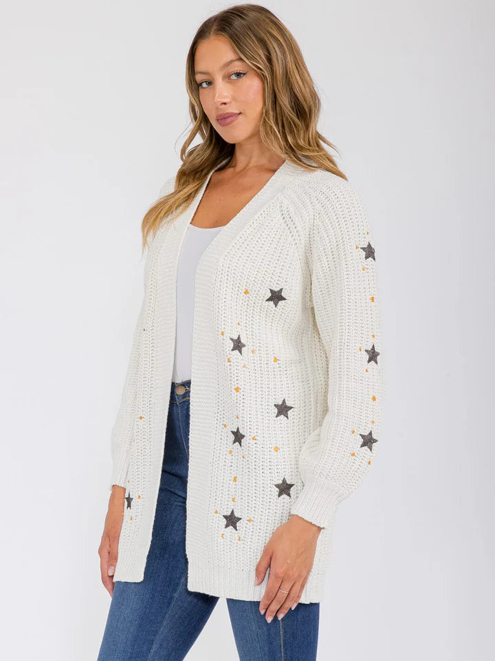 WOMEN'S LONG SLEEVE OPEN FRONT STARS PRINT CARDIGAN (White)