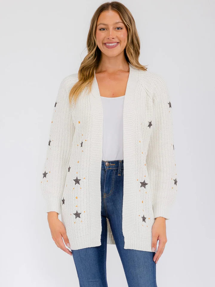 WOMEN'S LONG SLEEVE OPEN FRONT STARS PRINT CARDIGAN (White)