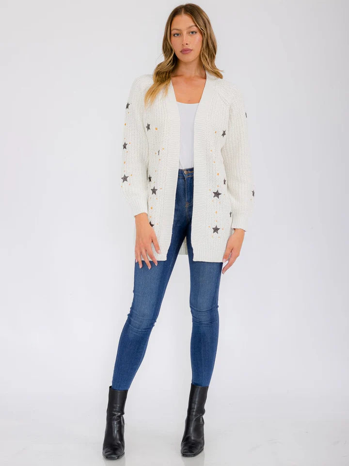 WOMEN'S LONG SLEEVE OPEN FRONT STARS PRINT CARDIGAN (White)