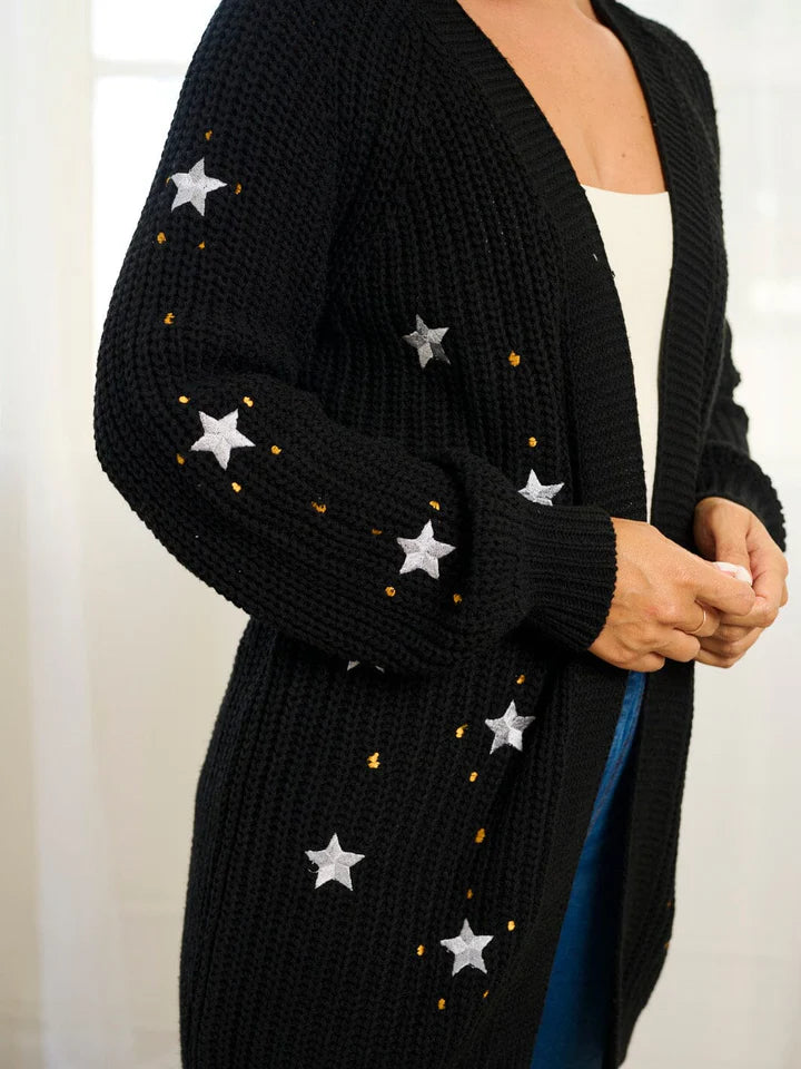 WOMEN'S LONG SLEEVE OPEN FRONT STARS PRINT CARDIGAN (Black)