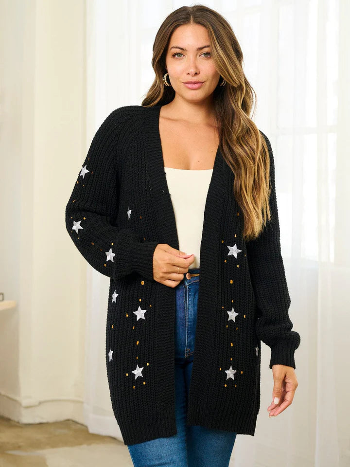 WOMEN'S LONG SLEEVE OPEN FRONT STARS PRINT CARDIGAN (Black)