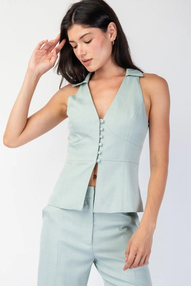 Sleeveless Woven Collared Top Set Sage Green