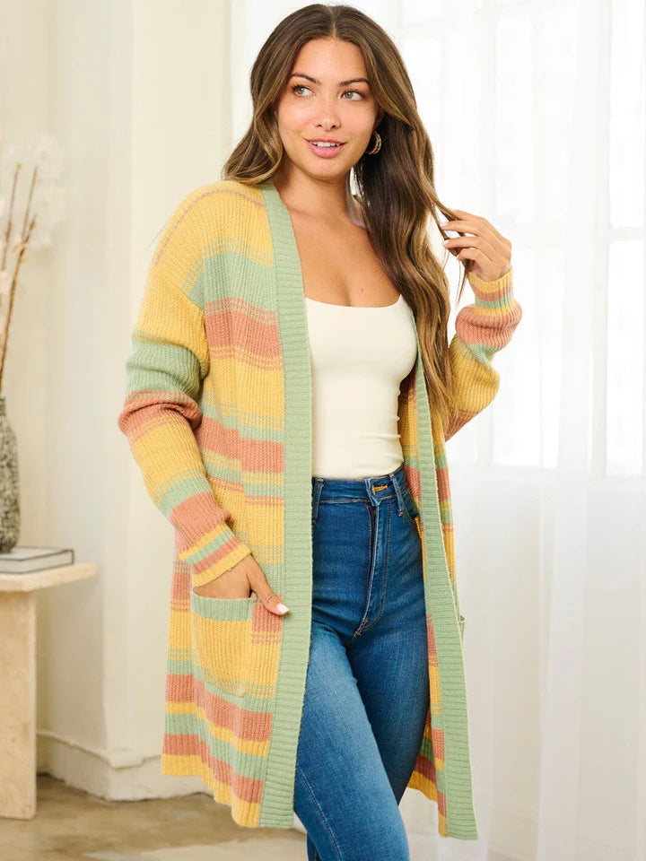 WOMEN'S LONG SLEEVE COLORBLOCK OPEN FRONT POCKETS CARDIGAN